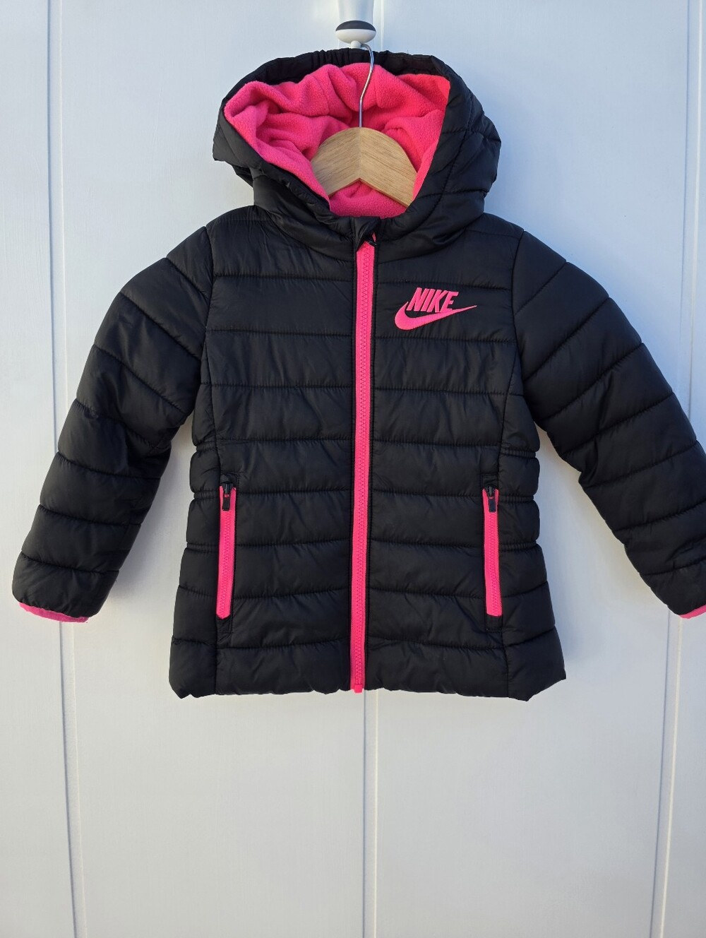 Nike Quilted Zip Up Fleece Puffer Winter Jacket Pink Black 3T